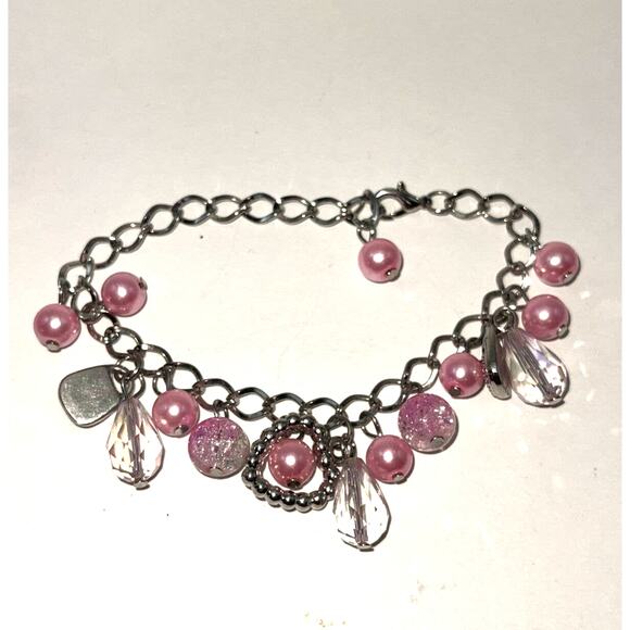 Vintage Silver Tone Pink Glass Crystal Bead Charm Bracelet Awareness B#18 - Picture 4 of 7